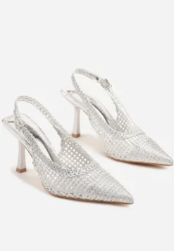 Srebrne Sandały na Szpilce Typu Slingback Ozdobione Plecionką Meranoria