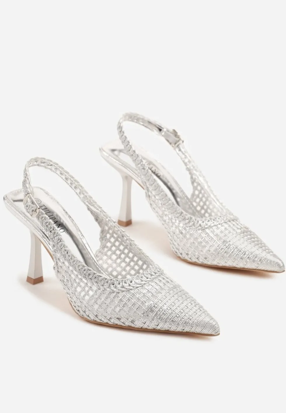 Srebrne Sandały na Szpilce Typu Slingback Ozdobione Plecionką Meranoria
