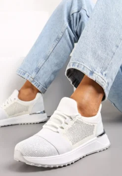 Srebrne Sneakersy Ozdobione Siateczką i Brokatem oraz Siateczką na Grubej Podeszwie Celandria