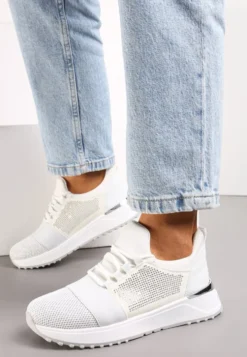 Srebrne Sneakersy Ozdobione Siateczką i Brokatem oraz Siateczką na Grubej Podeszwie Celandria