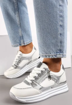 Srebrne Sneakersy z Metalicznymi Wstawkami i Brokatem na Grubej Podeszwie Anova