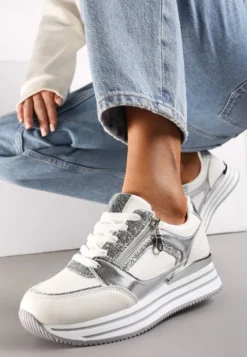 Srebrne Sneakersy z Metalicznymi Wstawkami i Brokatem na Grubej Podeszwie Anova