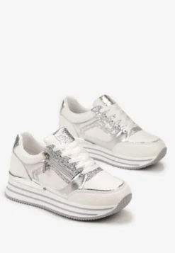 Srebrne Sneakersy z Metalicznymi Wstawkami i Brokatem na Grubej Podeszwie Anova