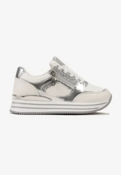 Srebrne Sneakersy z Metalicznymi Wstawkami i Brokatem na Grubej Podeszwie Anova