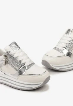 Srebrne Sneakersy z Metalicznymi Wstawkami i Brokatem na Grubej Podeszwie Anova