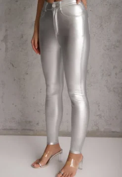 Srebrne Spodnie o Kroju Skinny z Imitacji Skóry Zorlemi