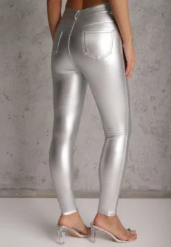 Srebrne Spodnie o Kroju Skinny z Imitacji Skóry Zorlemi