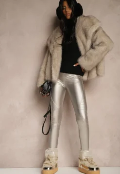 Srebrne Spodnie Skinny High Waist z Imitacji Skóry Ocieplane Polarową Wyściółką Lavimi