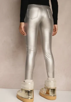 Srebrne Spodnie Skinny High Waist z Imitacji Skóry Ocieplane Polarową Wyściółką Lavimi
