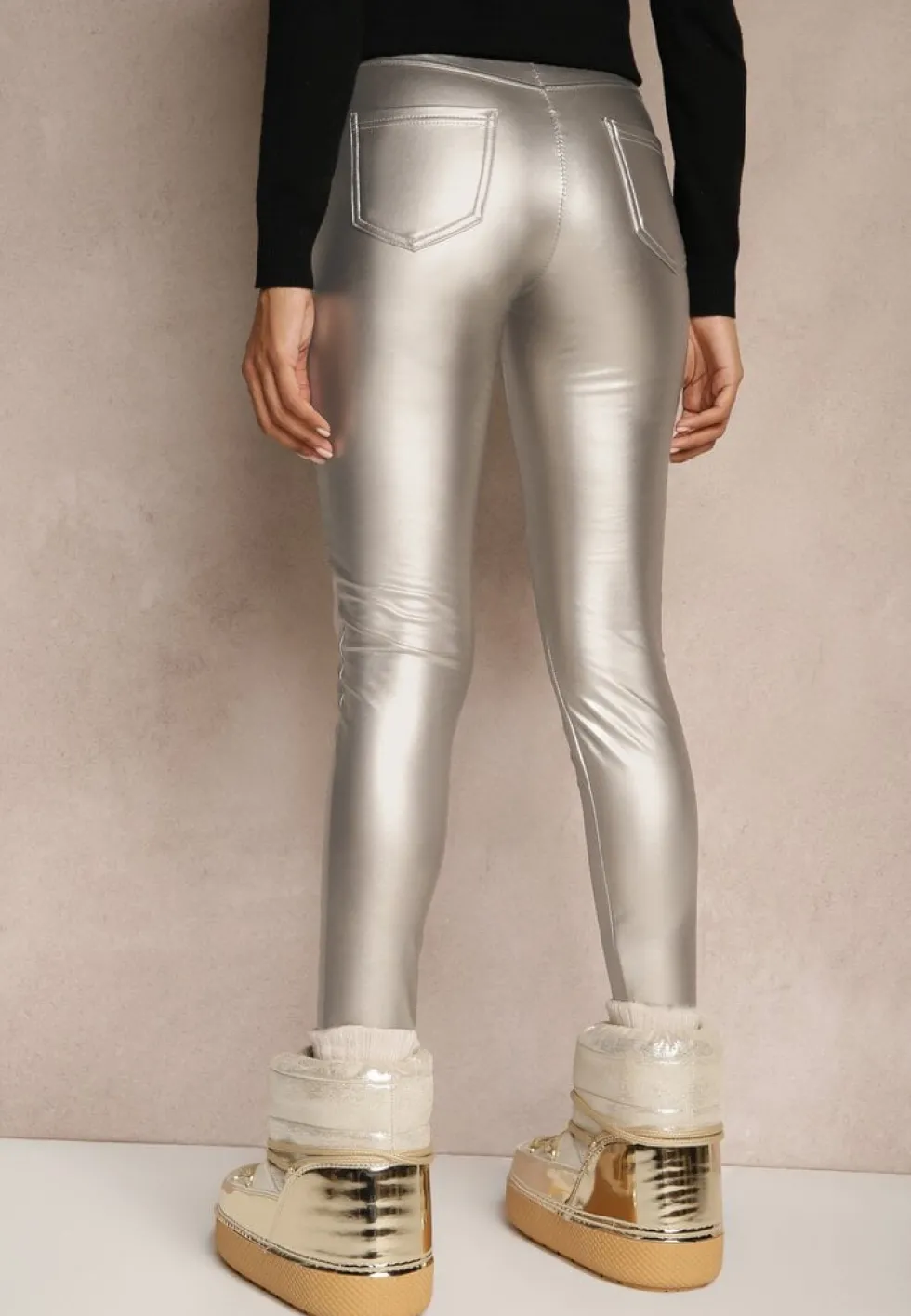Srebrne Spodnie Skinny High Waist z Imitacji Skóry Ocieplane Polarową Wyściółką Lavimi