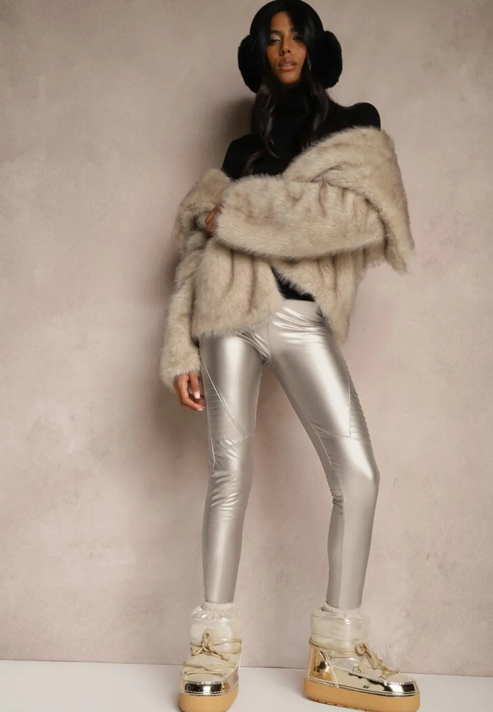 Srebrne Spodnie Skinny High Waist z Imitacji Skóry Ocieplane Polarową Wyściółką Lavimi
