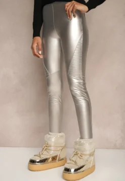 Srebrne Spodnie Skinny High Waist z Imitacji Skóry Ocieplane Polarową Wyściółką Lavimi