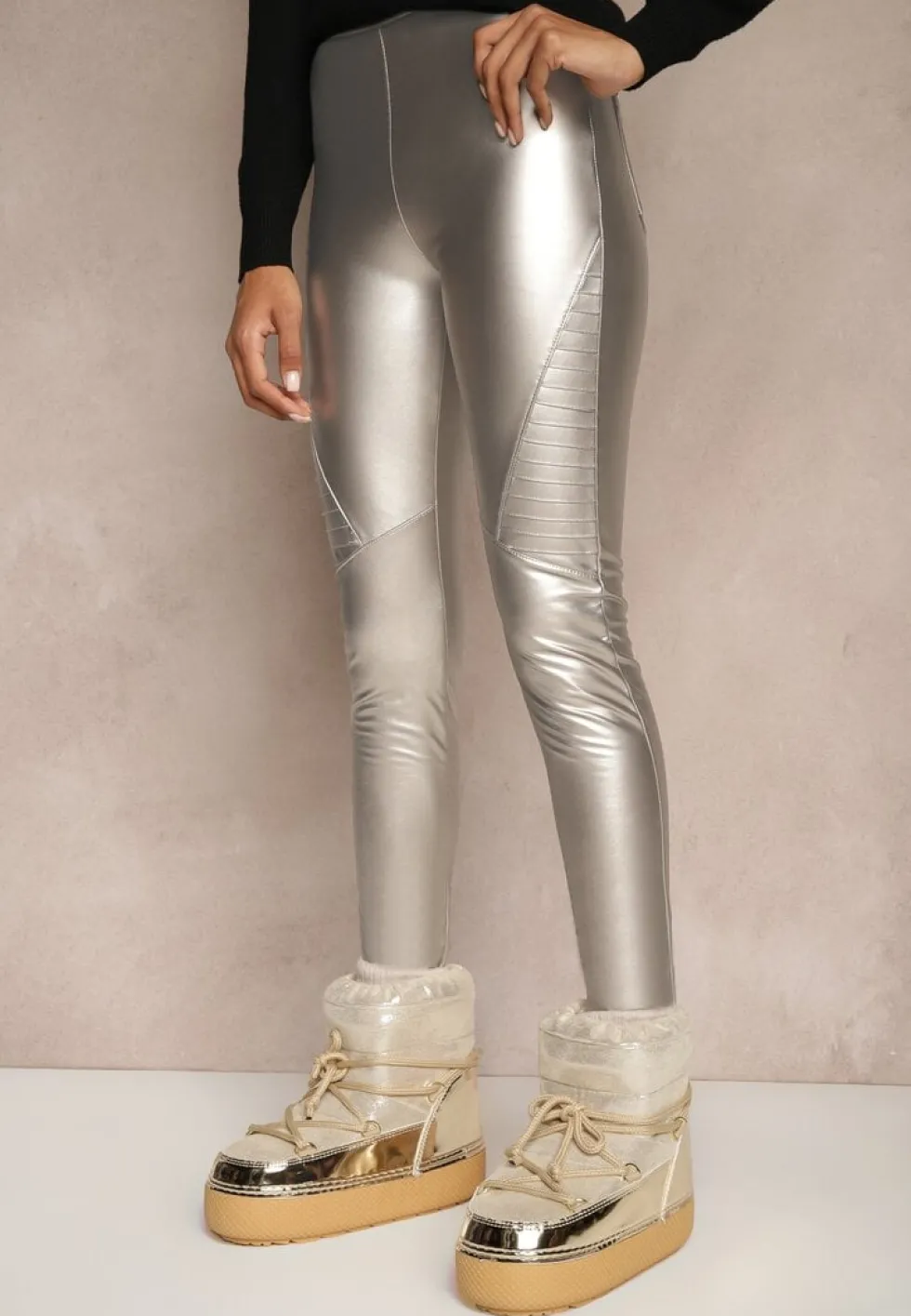 Srebrne Spodnie Skinny High Waist z Imitacji Skóry Ocieplane Polarową Wyściółką Lavimi