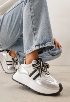 Srebrne Streetwearowe Sneakersy Chunky VICES na Platformie Ilnatea