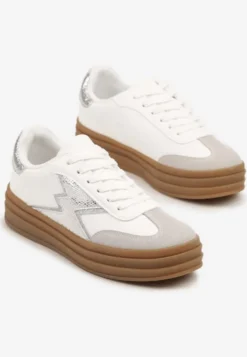 Srebrno-Białe Sneakersy w Stylu Tenisówek Ozdobione Geometrycznym Wzorem Tolivanna