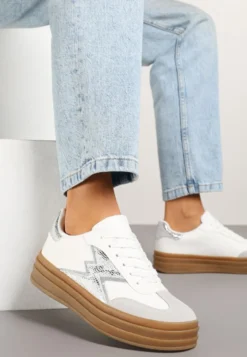 Srebrno-Białe Sneakersy w Stylu Tenisówek Ozdobione Geometrycznym Wzorem Tolivanna