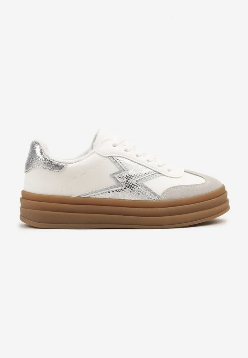 Srebrno-Białe Sneakersy w Stylu Tenisówek Ozdobione Geometrycznym Wzorem Tolivanna