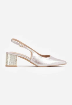 Szampańskie Czółenka Slingback VICES na Tłoczonym Słupku z Metalicznym Połyskiem Jenesa