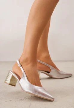 Szampańskie Czółenka Slingback VICES na Tłoczonym Słupku z Metalicznym Połyskiem Jenesa