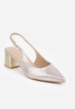 Szampańskie Czółenka Slingback VICES na Tłoczonym Słupku z Metalicznym Połyskiem Jenesa