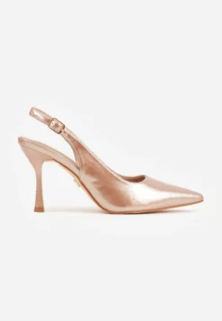 Szampańskie Eleganckie Szpilki Slingback VICES z Wkładką ze Skóry Naturalnej Madede