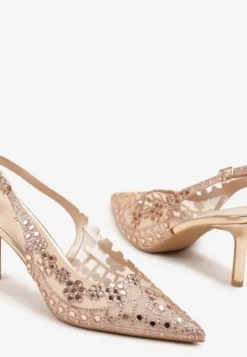 Szampańskie Sandały na Szpilce Slingback z Ażurową Cholewką Latilena