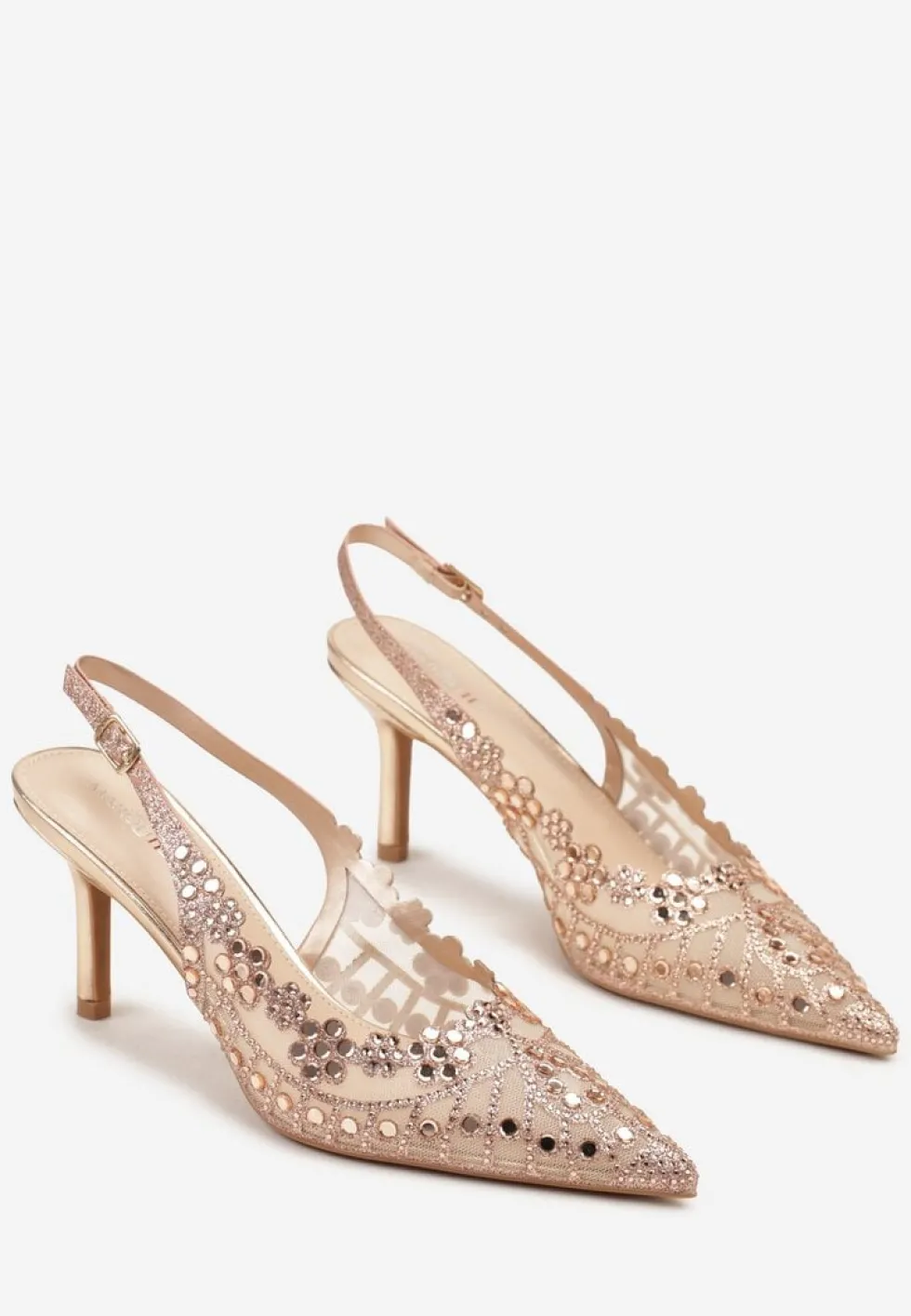 Szampańskie Sandały na Szpilce Slingback z Ażurową Cholewką Latilena