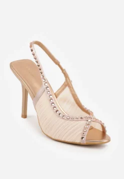 Szampańskie Sandały Slingback VICES z Siateczki na Szpilce Zdobione Cyrkoniami Aethipe