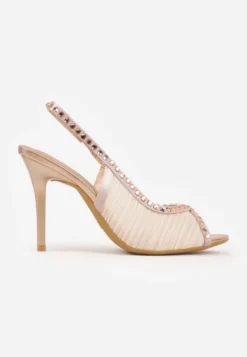 Szampańskie Sandały Slingback VICES z Siateczki na Szpilce Zdobione Cyrkoniami Aethipe