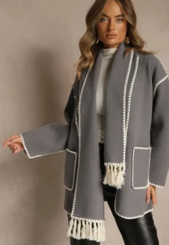 Szara Kurtka Oversize z Szalikiem i Ozdobnymi Przeszyciami Claritila