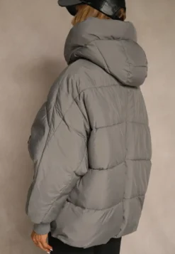 Szara Oversizowa Kurtka Puffer z Kaputrem Mevenassa