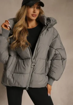 Szara Oversizowa Kurtka Puffer z Kaputrem Mevenassa