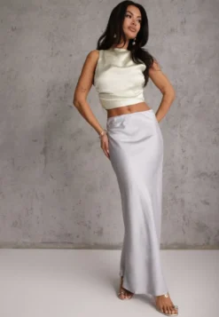 Szara Satynowa Spódnica Maxi High Waist Formia