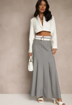 Szara Spódnica Długa Rozkloszowana High Waist Leoraia