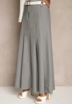 Szara Spódnica Długa Rozkloszowana High Waist Leoraia