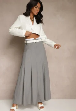 Szara Spódnica Długa Rozkloszowana High Waist Leoraia