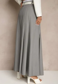 Szara Spódnica Długa Rozkloszowana High Waist Leoraia