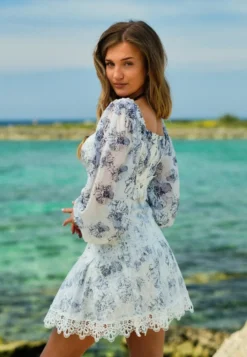 Szara Spódnica Mini w Kwiaty z Wysokim Stanem i Koronką Natisha