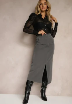Szara Spódnica Ołówkowa z Wiskozą High Waist z Rozcięciem Semivinia