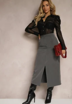 Szara Spódnica Ołówkowa z Wiskozą High Waist z Rozcięciem Semivinia