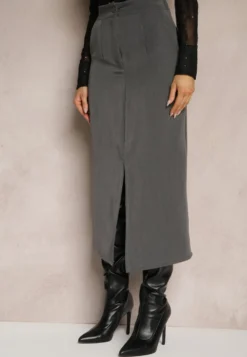 Szara Spódnica Ołówkowa z Wiskozą High Waist z Rozcięciem Semivinia