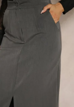 Szara Spódnica Ołówkowa z Wiskozą High Waist z Rozcięciem Semivinia