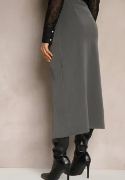 Szara Spódnica Ołówkowa z Wiskozą High Waist z Rozcięciem Semivinia