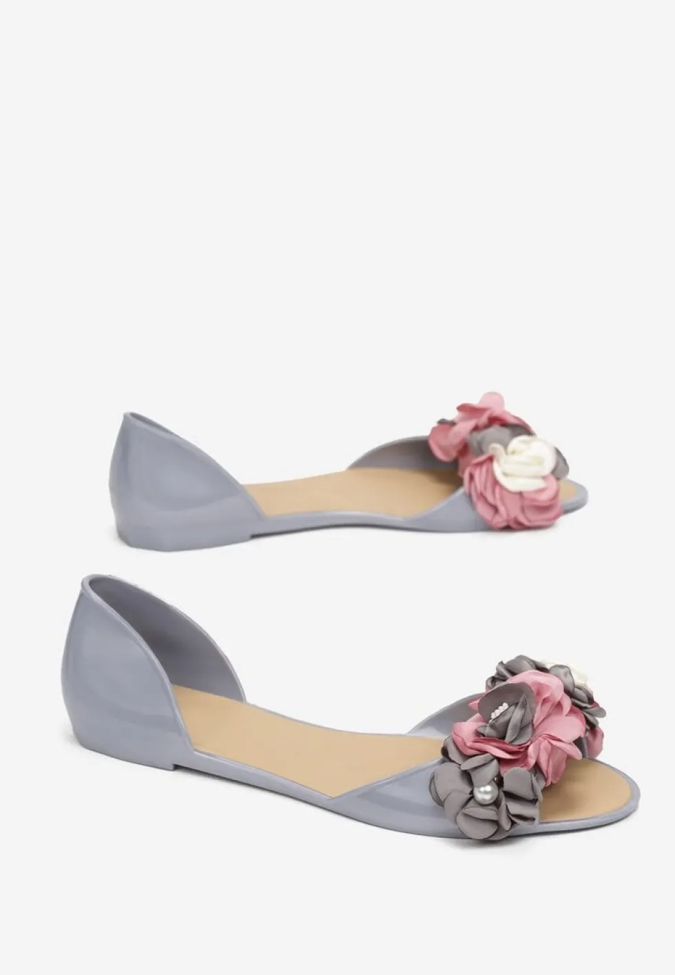 Szare Balerinki Meliski Peep Toe z Kwiatową Aplikacją Idalina