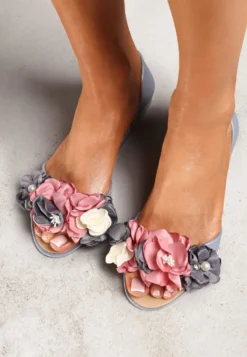 Szare Balerinki Meliski Peep Toe z Kwiatową Aplikacją Idalina