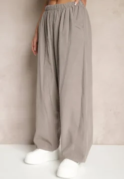 Szare Bawełniane Spodnie High Waist o Szerokim Kroju Velili