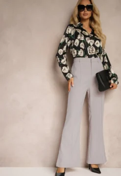 Szare Casualowe Spodnie w Stylu Dzwonów High Waist Uinna