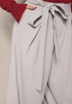 Szare Eleganckie Spodnie w Garniturowym Stylu High Waist Ozdobione Paskiem w Talii Wenelsea