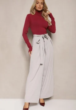 Szare Eleganckie Spodnie w Garniturowym Stylu High Waist Ozdobione Paskiem w Talii Wenelsea
