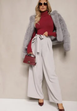 Szare Eleganckie Spodnie w Garniturowym Stylu High Waist Ozdobione Paskiem w Talii Wenelsea